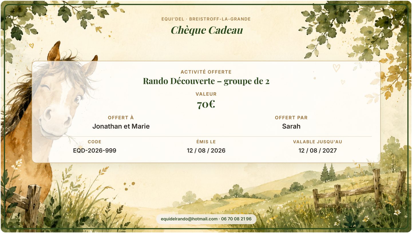 Exemple de chèque cadeau Equi'del personnalisé